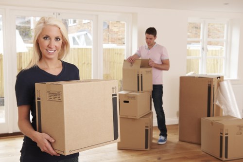 Professional mover carrying boxes for a Barnes relocation